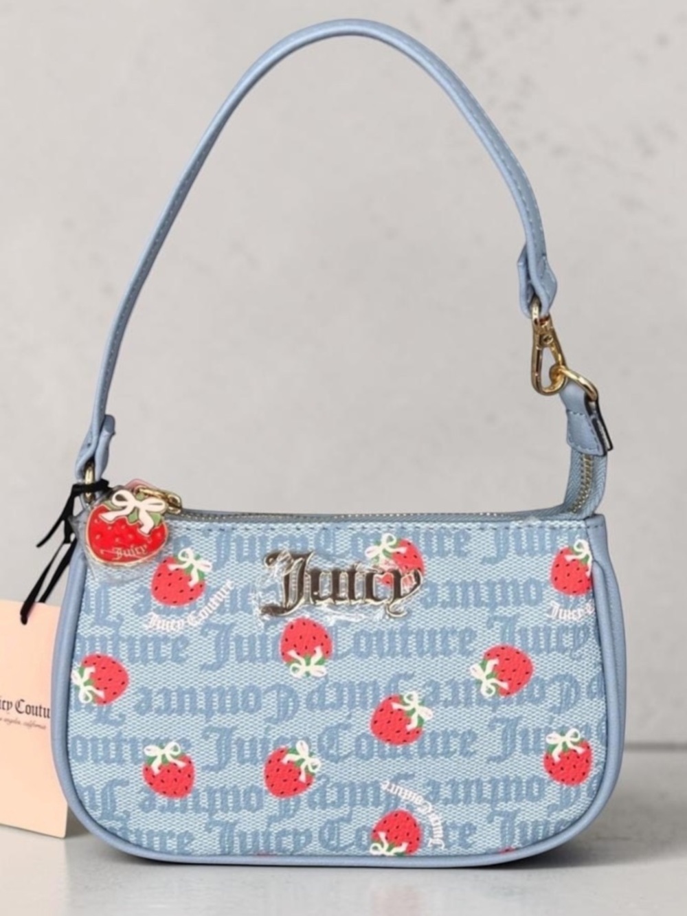 Juicy Couture Blue Denim Mini Shoulder Bag with Red Cherry Motif